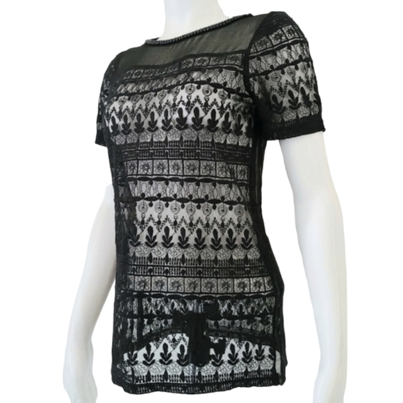 ZARA Black Crochet Lace Tee XS Beaded Neckline Sheer Mesh Nylon Punk Goth - Picture 5 of 14